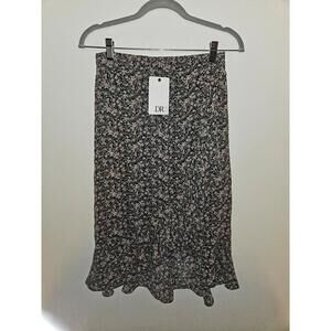 DR2 Skirt by Daniel Rain-Black with small pink flowers, ruffle trim, Size S -NWT